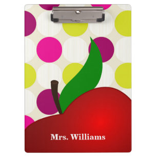 Personalised Black Polka Dot Red Apple Teacher Cli Clipboard