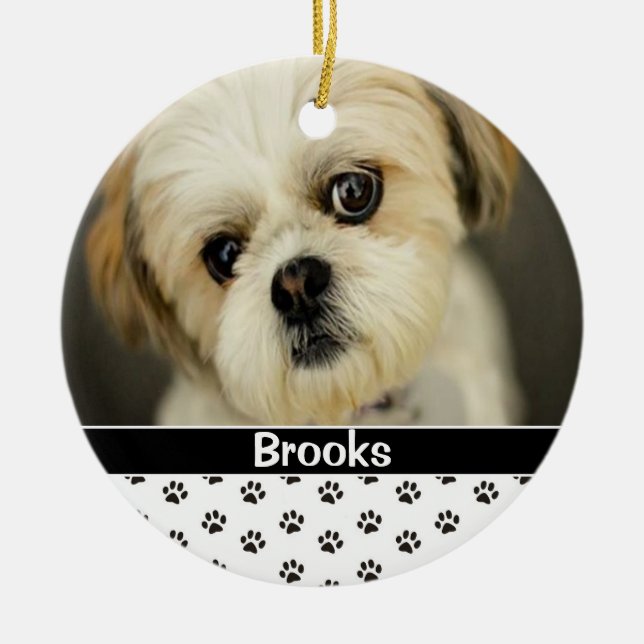 Personalised Black Puppy Dog Paw Prints Photo Pet Ceramic Tree Decoration (Front)