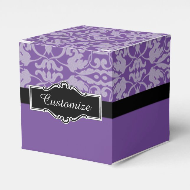 Personalised Black & Purple Damask Cube Favour Box (Front Side)