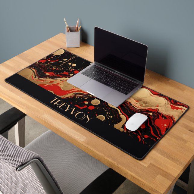 Personalised Black, Red, and Gold Pour Ink Desk Mat (Office 2)