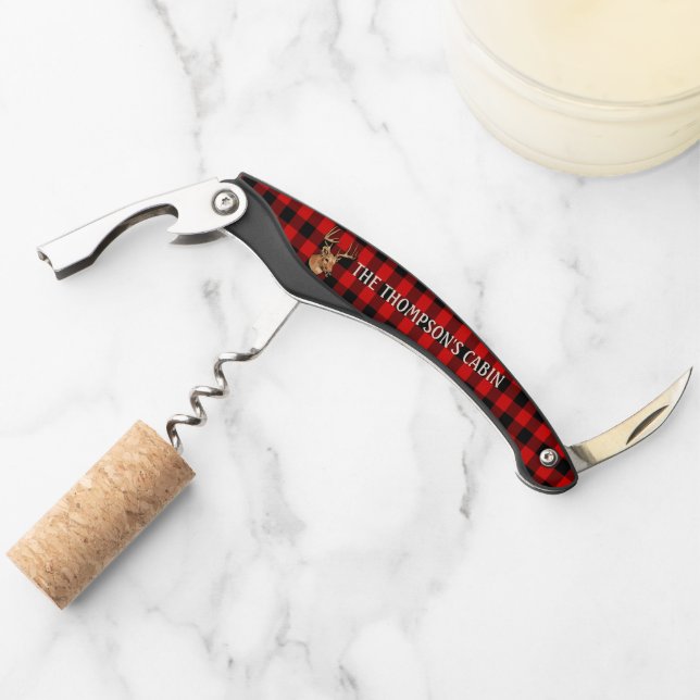 Personalised Black Red Buffalo Lumberjack Plaid Corkscrew (Front)