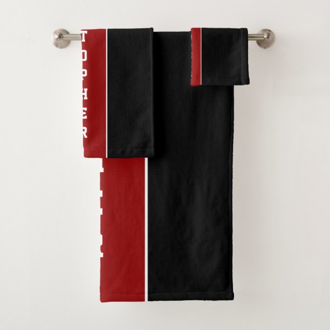 Personalised Black Red Stripe Bath Towel Set (Insitu)