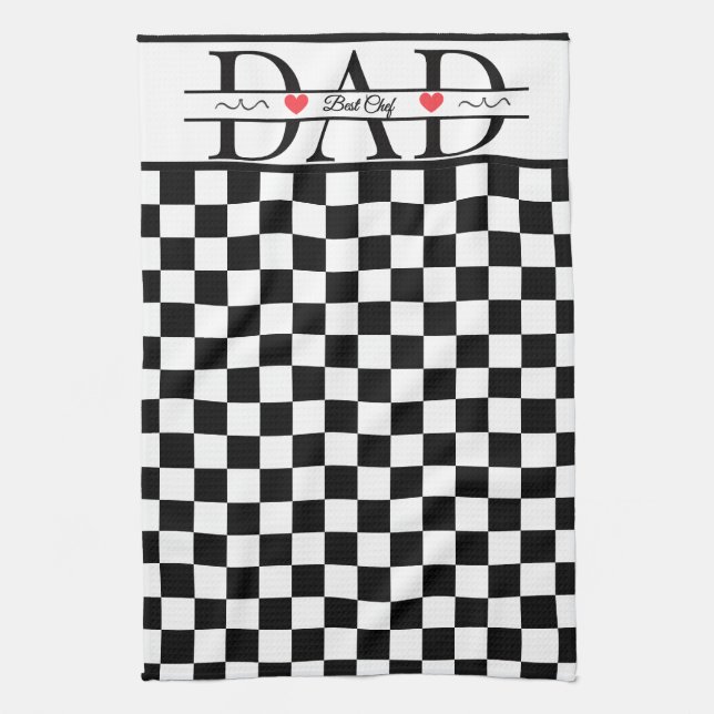 Personalised Black Retro Chequered Dad Best Chef Tea Towel (Vertical)