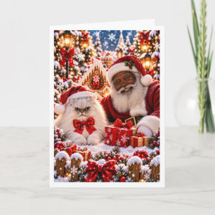 Personalised Black Santa and Persian Cat Christmas Holiday Card
