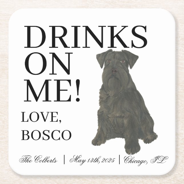 Personalised Black Schnauzer Dog Wedding Square Paper Coaster (Front)