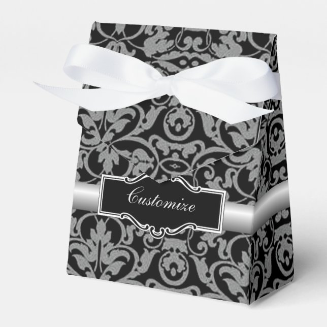 Personalised Black & Silver Damask Favour Box (Front Side)