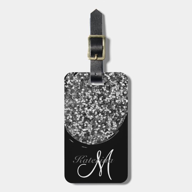 Personalised Black Silver Glitter Sparkle Name Luggage Tag (Front Vertical)