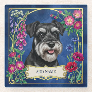 Personalised Black & Silver Schnauzer Blue Coaster