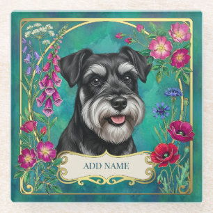 Personalised Black & Silver Schnauzer Teal Coaster