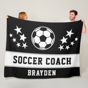 Personalised Black Soccer Coach Name Fleece Blanke