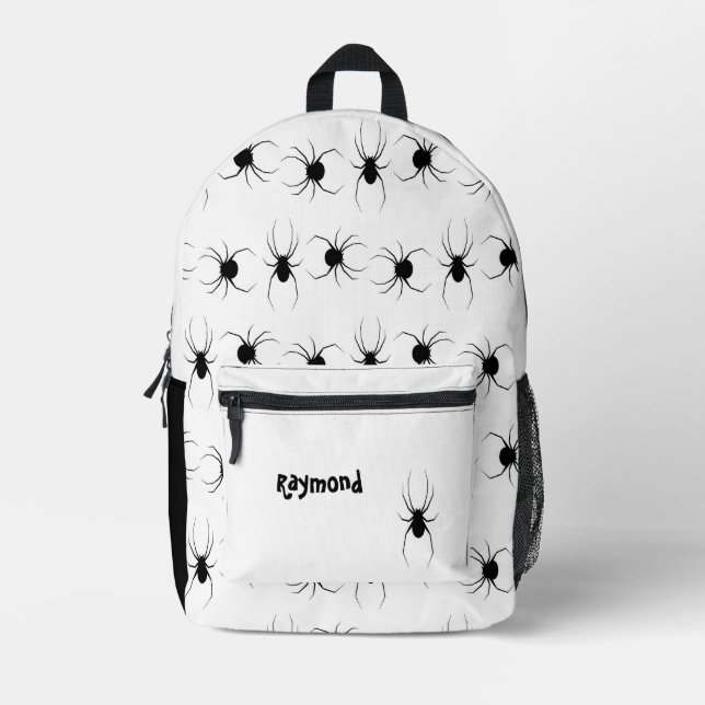 Personalised black spiders on  white printed backpack (Front)
