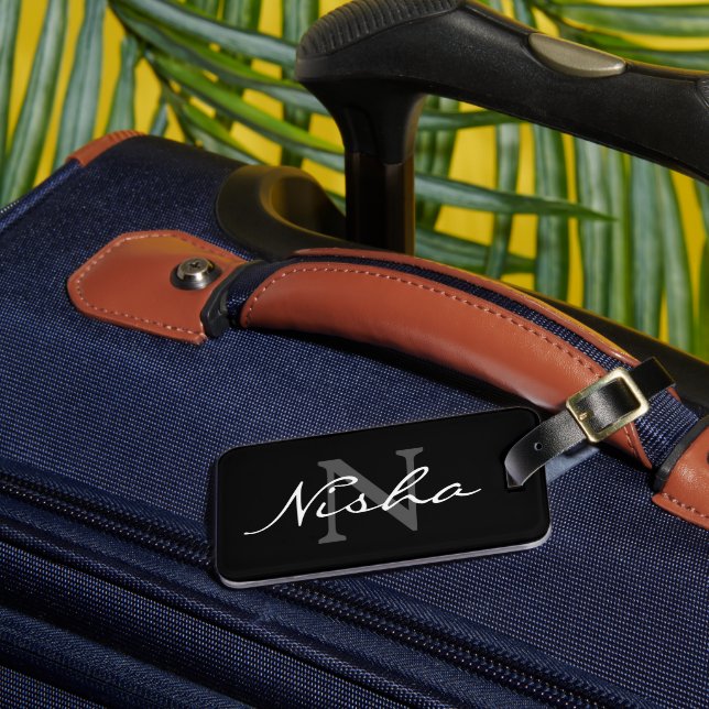Personalised Black Stylish Monogram Luggage Tag (Front Insitu 3)