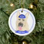 Personalised Black & Tan German Shepherd Hanukkah Ceramic Tree Decoration<br><div class="desc">Celebrate your favourite mensch on a bench with personalised ornament! This design features a sweet illustration of a black and tan german shepherd dog with a blue and white yarmulke. For the most thoughtful gifts, pair it with another item from my collection! To see more work and learn about this...</div>