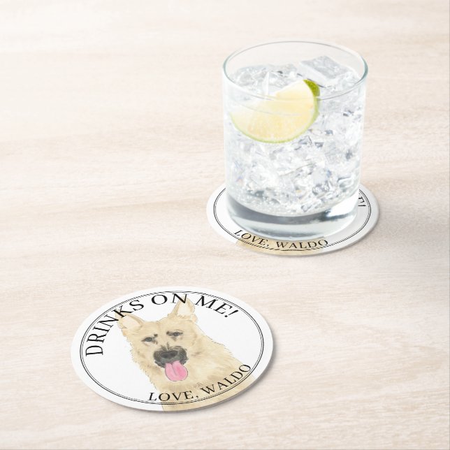 Personalised Black & Tan German Shepherd Wedding Round Paper Coaster (Insitu)