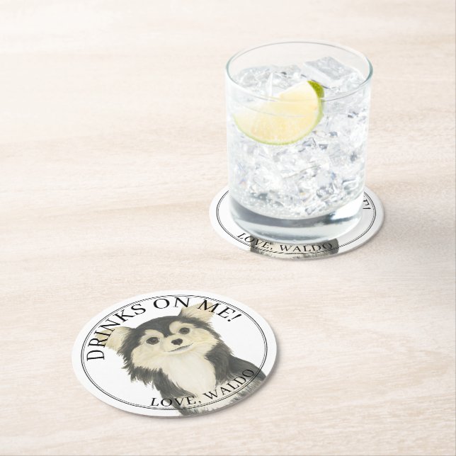 Personalised Black Tan Long Haired Chihuahua Round Paper Coaster (Insitu)