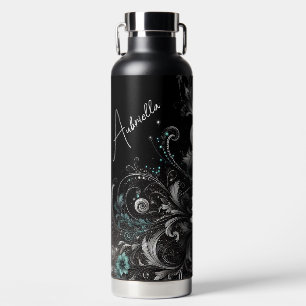Personalised Black & Teal Glittery Floral Water Bottle
