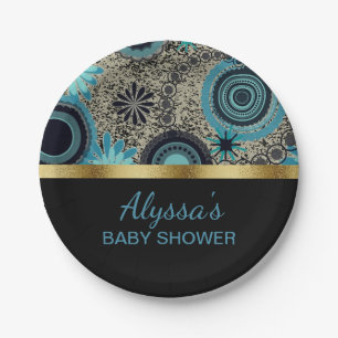Personalised Black Teal Gold Baby Shower Paper Plate