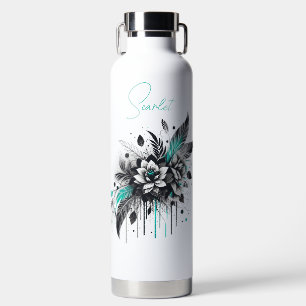 Personalised Black & Teal grafitti style floral Water Bottle