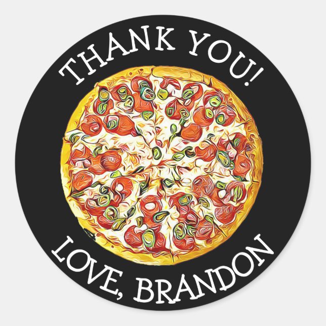 Personalised Black Thank You Pizza Party Stickers (Front)