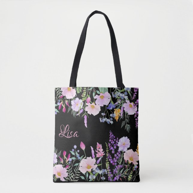 Personalised Black Tote Bag - Floral Mix (Front)