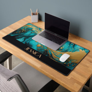 Personalised Black, Turquoise, and Gold Pour Ink Desk Mat