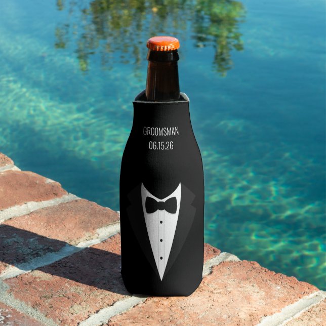 Personalised  Black Tuxedo Groomsmen Bottle Cooler (In Situ Pool)