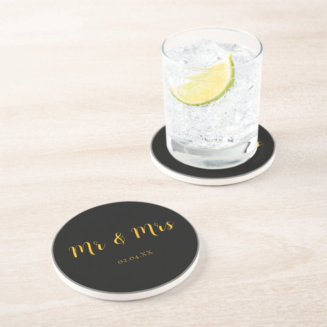 Personalised Black w/ Yellow Mr & Mrs Coaster (Side)