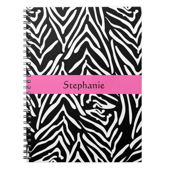Personalised Black, White and Hot Pink Zebra Print Spiral Notebook (Front)