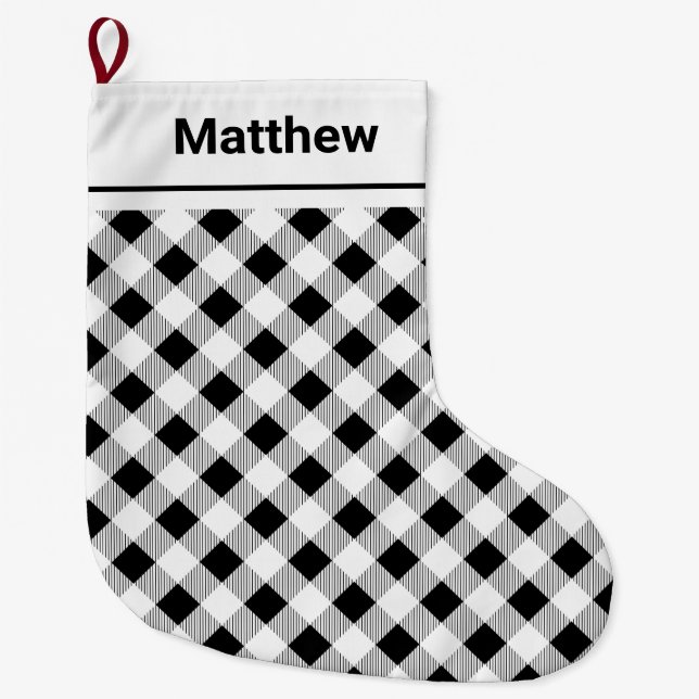 Personalised Black White Buffalo Check Christmas Large Christmas Stocking (Front)