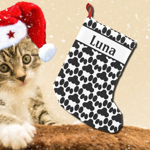 personalised black&white cat paw pattern small christmas stocking