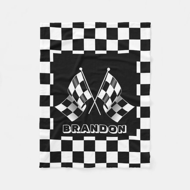 Personalised Black White Chequered Flag Pattern Fleece Blanket (Front)