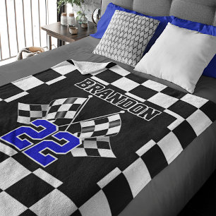 Personalised Black White Chequered Flag Pattern Fleece Blanket