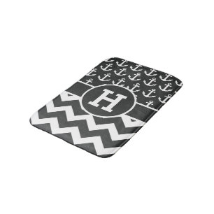 Personalised Black White Chevron Anchors Pattern Bath Mat