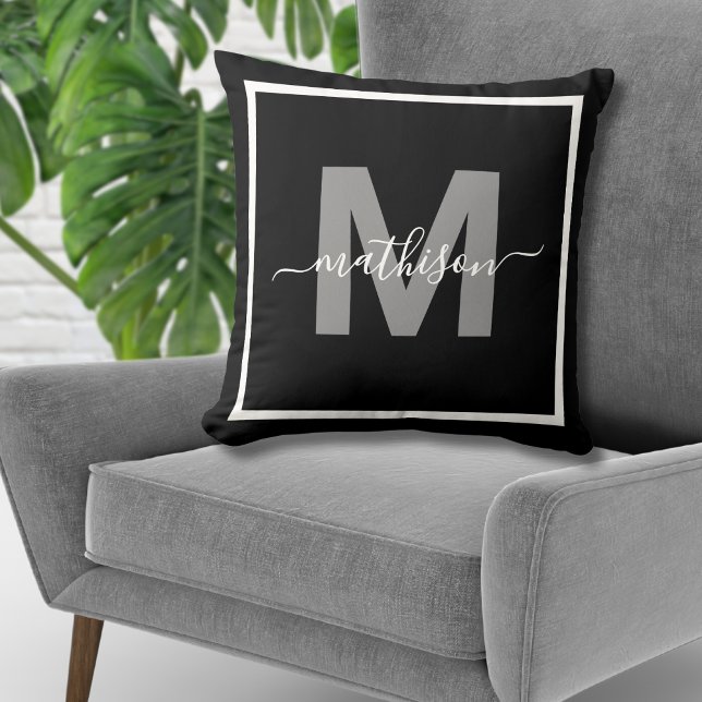 Personalised Black White Family Name Monogram Cushion (Personalized Black White Family Name Monogram Throw Pillow )