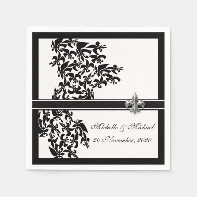 Personalised Black White Fleur de Lis Damask Style Napkin (Front)