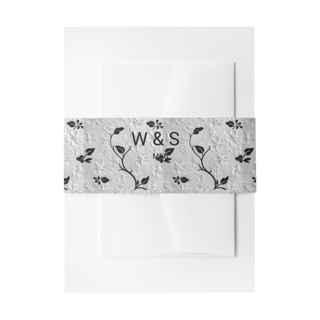 Personalised Black & White Florals  Invitation Belly Band (Front Example)