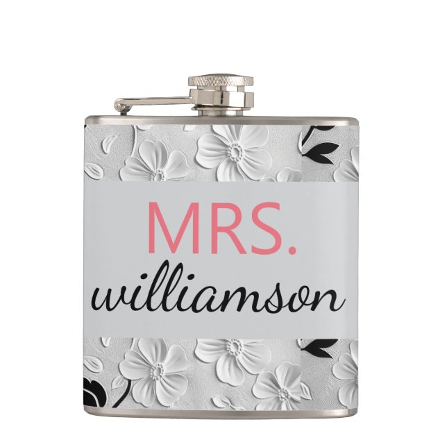 Personalised Black & White Florals MRS. Hip Flask (Front)