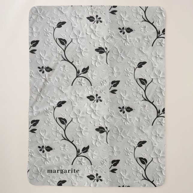 Personalised Black & White Florals Sherpa Blanket (Front)