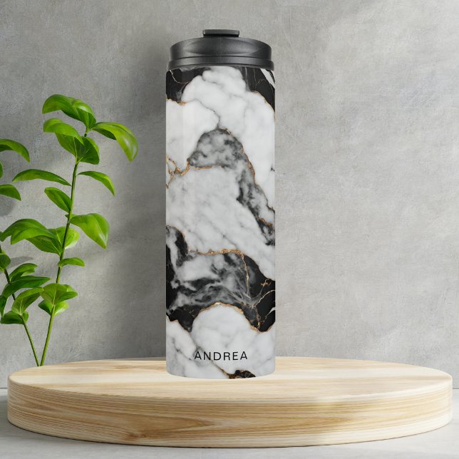Personalised Black White Gold Marble Thermal Tumbler (Creator Uploaded)