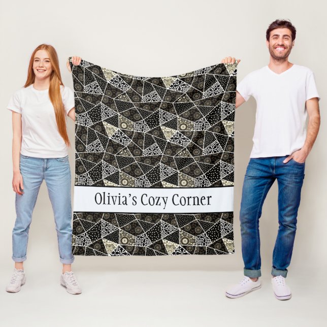 Personalised Black White Gold Patchwork Fleece Blanket (In Situ)