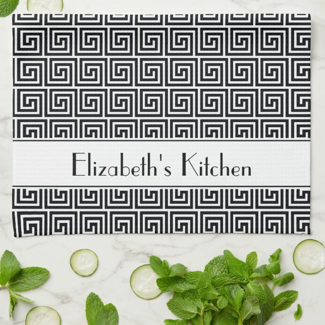 Personalised Black White Greek Meander Key Tea Towel (Folded)