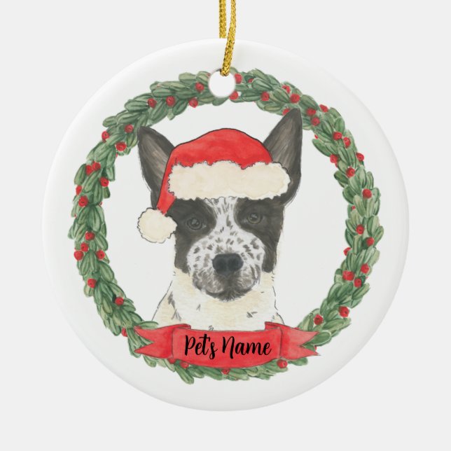 Personalised Black & White Heeler Cattledog Ceramic Tree Decoration (Front)