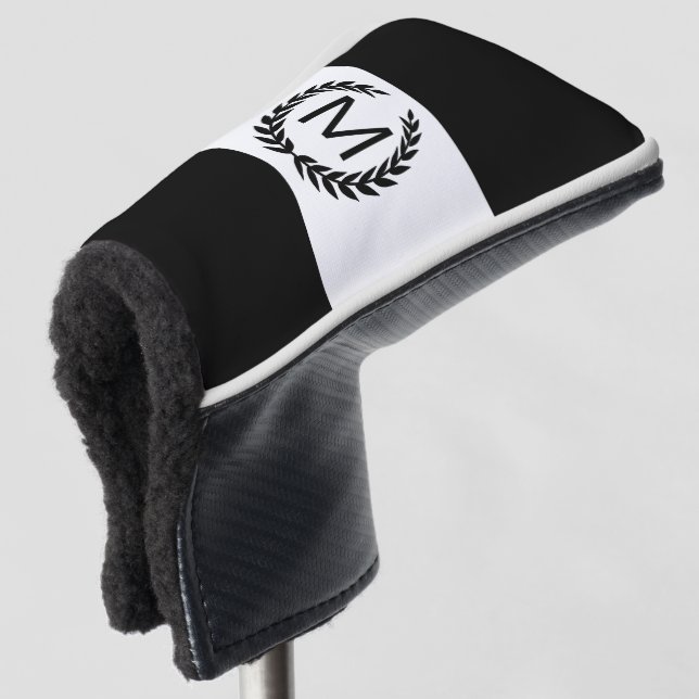 Personalised Black & White Laurel Wreath Monogram Golf Head Cover (3/4 Front)