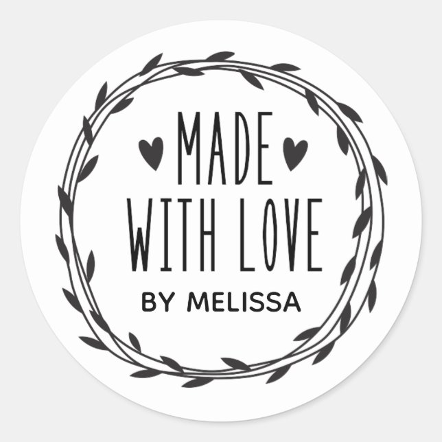 Personalised Black White Made With Love Classic Round Sticker (Front)