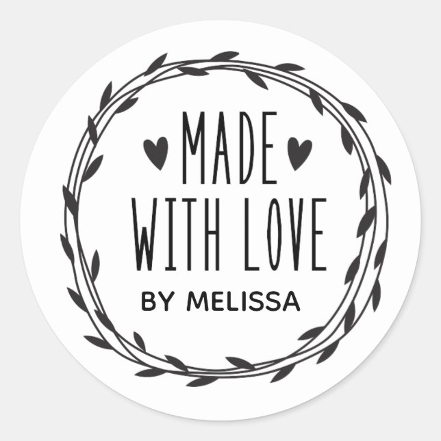 Personalised Black White Made With Love Classic Round Sticker (Front)