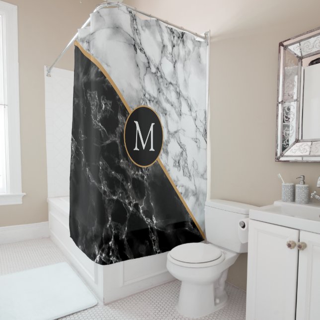 Personalised Black White Marble Shower Curtain (In Situ)