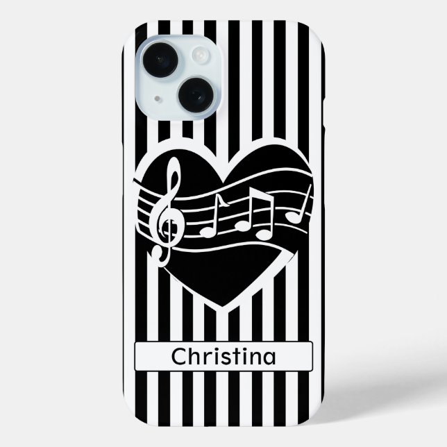 Personalised Black White Music Notes Heart Stripes Case-Mate iPhone Case (Back)