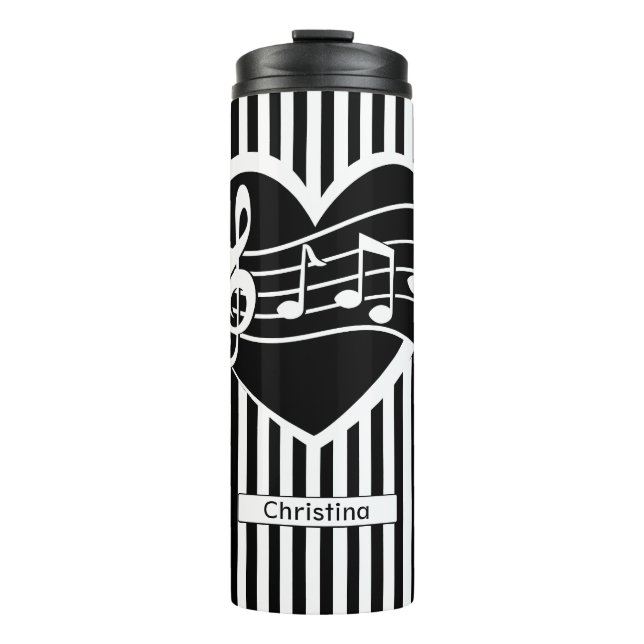 Personalised Black White Music Notes Heart Stripes Thermal Tumbler (Front)