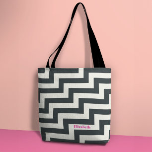 Personalised Black White Pink Bold Zig Zag Tote Bag