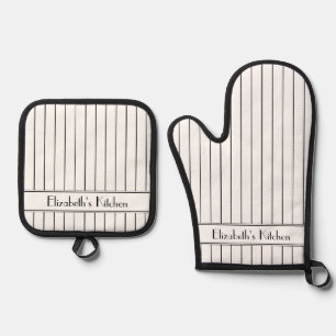 Personalised Black White Pinstripe Pattern Oven Mitt & Pot Holder Set